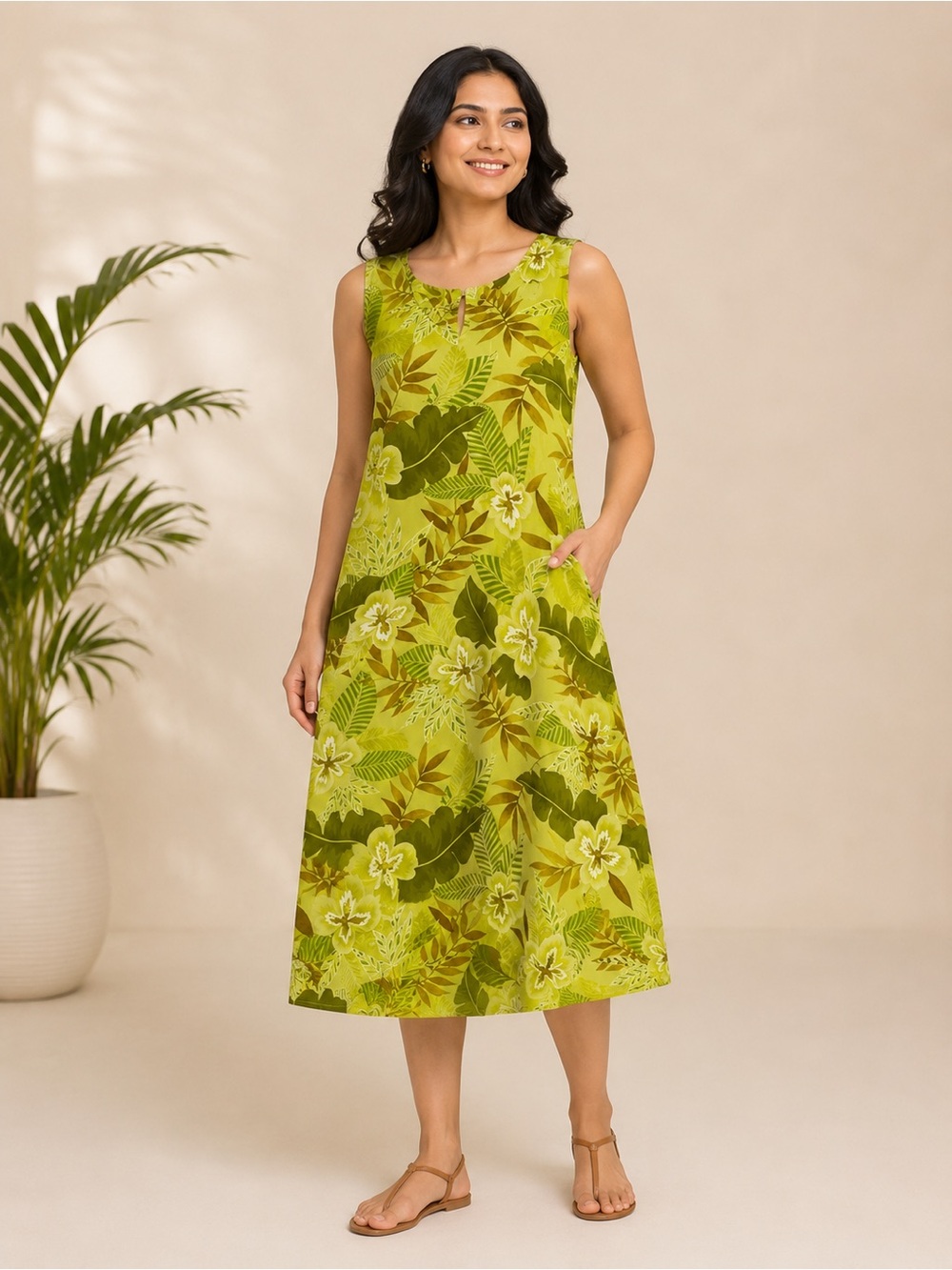 Kamal & Co. Vintage 90s Sleeveless Green Tropical Print A-Line Dress Size M